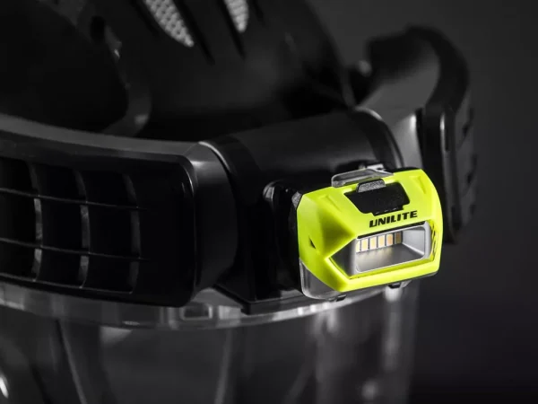 PS-HDL6R Head Torch attached to respirator up close